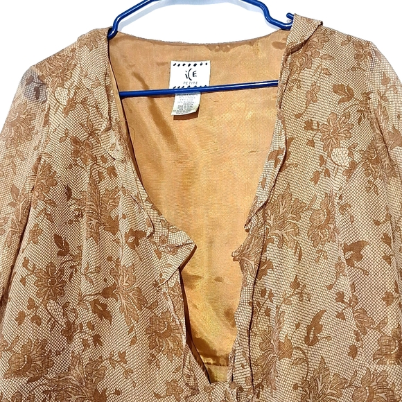 3/$20-Silk Boho Floral Blouse, Gold, Ruffles, Long Sleeves, ICE brand - Picture 3 of 13